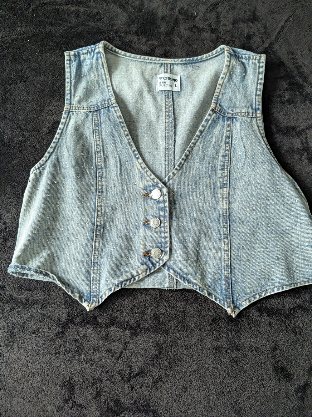 Light Blue Denim Vest w/ small rhinestones - Women's Button Front